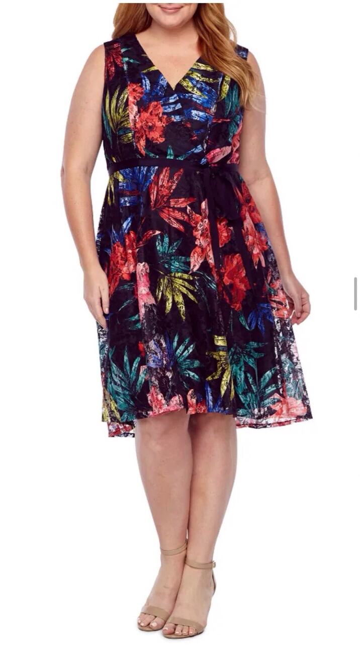 Danny & Nicole Blue Floral Lace Overlay V Neck sleeveless Dress/Ribbon Belt 14W